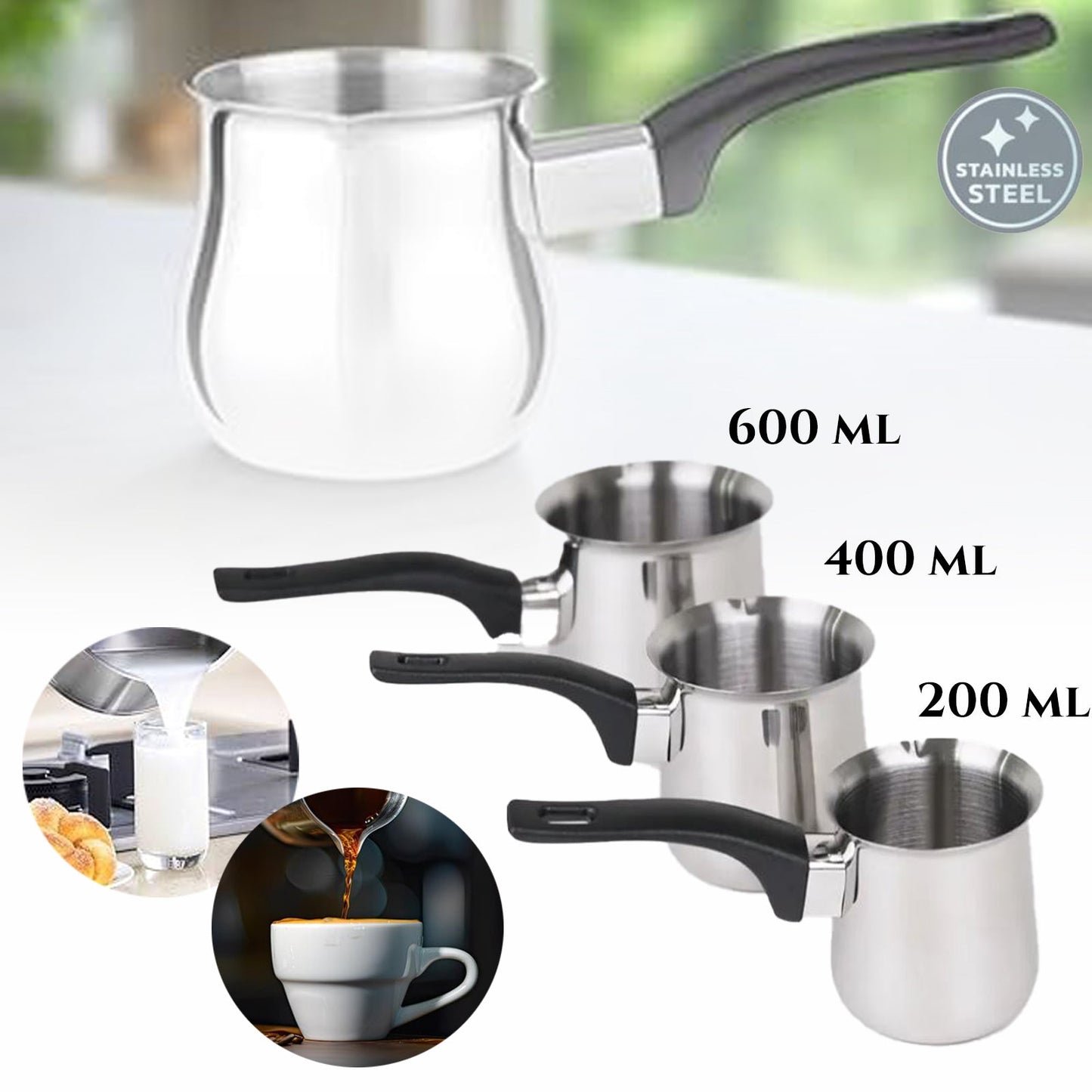 KOMPLET 3 KAVNIH GRELNIKOV IZ NERJAVEČEGA JEKLA 200/400/600 ml