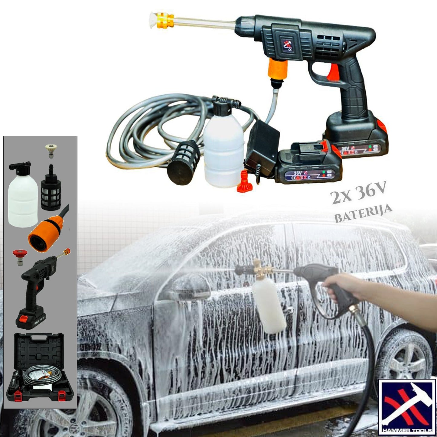 AKU VISOKOTLAČNI ČISTILNIK-MINIWASH 36V Z 2 BATERIJAMA IN POLNO OPREMO ZA KLADIVO