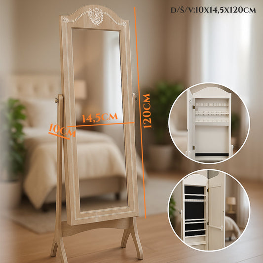 Elegantno stoječe ogledalo z vgrajenim shranjevalnikom za nakit